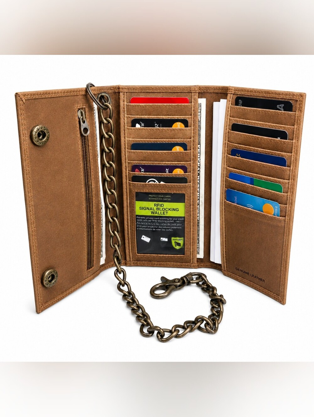Genuine Leather Brown Trifold Motorcycle Chain Deluxe Wallet RFID Blocking